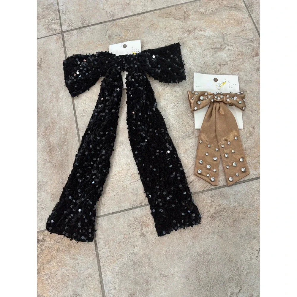 A New Day Bow Hair Clips Set of 2 Black Sequin Rhinestone Satin NWT Gift